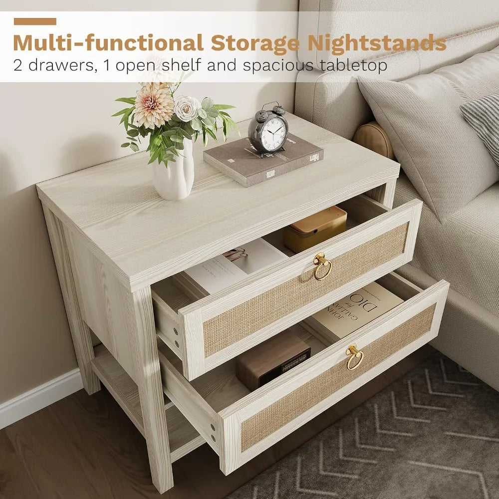 Large White Rattan Nightstands Set of 2, Boho Style with Drawers & Storage Shelf Bedroom Bedside End Table, Custom The Pet & Home Store