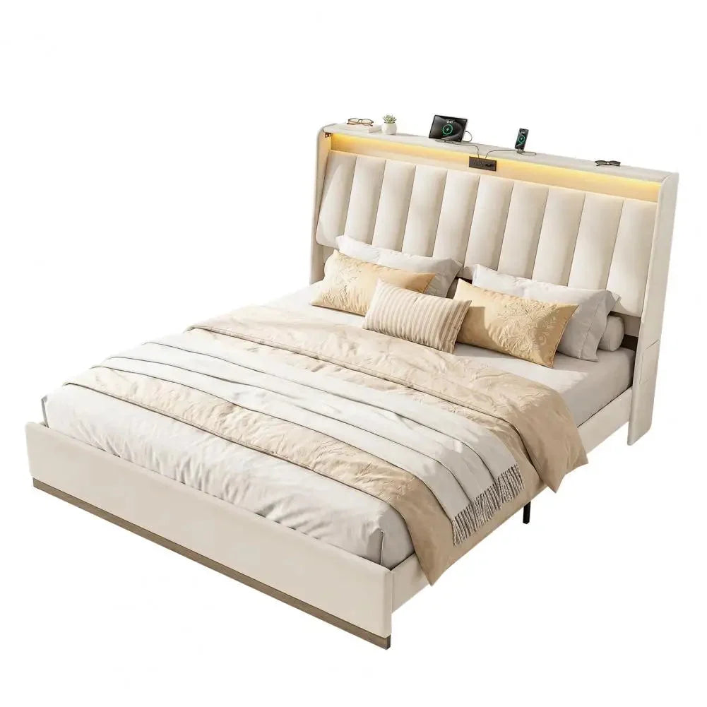 Platform Bedstead, King Size Bed Frame, Upholstered Bed Frame with RGB LED Lighting Charging Station The Pet & Home Store