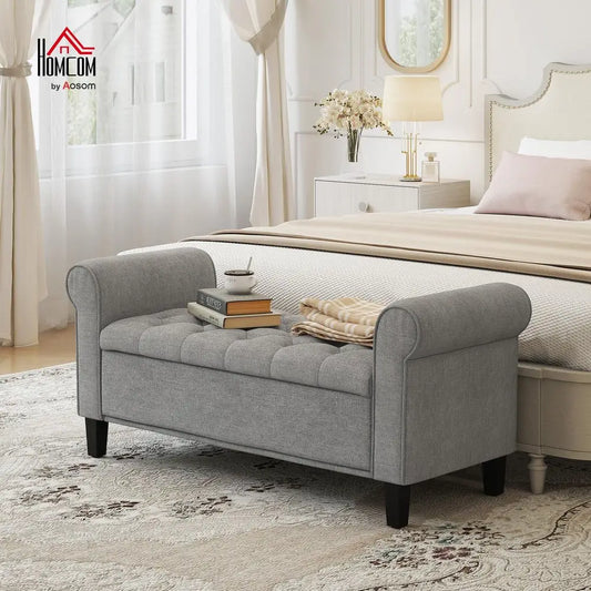 50 Storage Ottoman Bench, Upholstered End of Bed Bench with Rolled Arms, Wood Legs, Button Tufted Storage Bench with Safety Hin