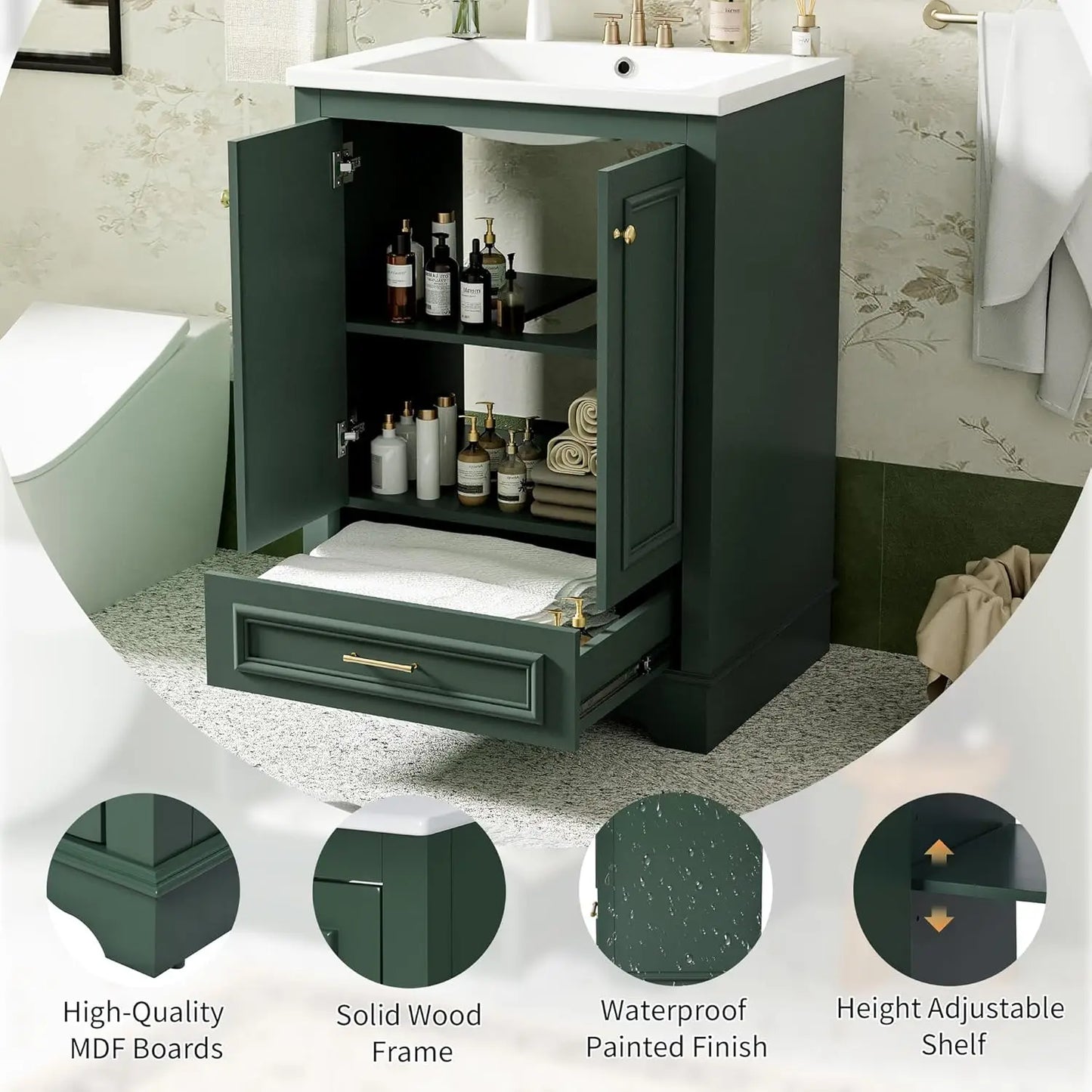 Wood Bathroom Vanity Cabinet With Ceramic Sink Adjustable Drawer Shelf