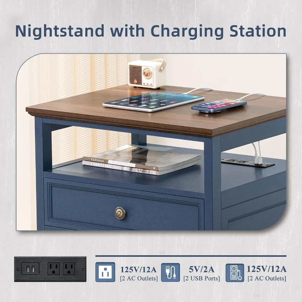 Farmhouse Wood Nightstand With Charging Station And Two Drawers