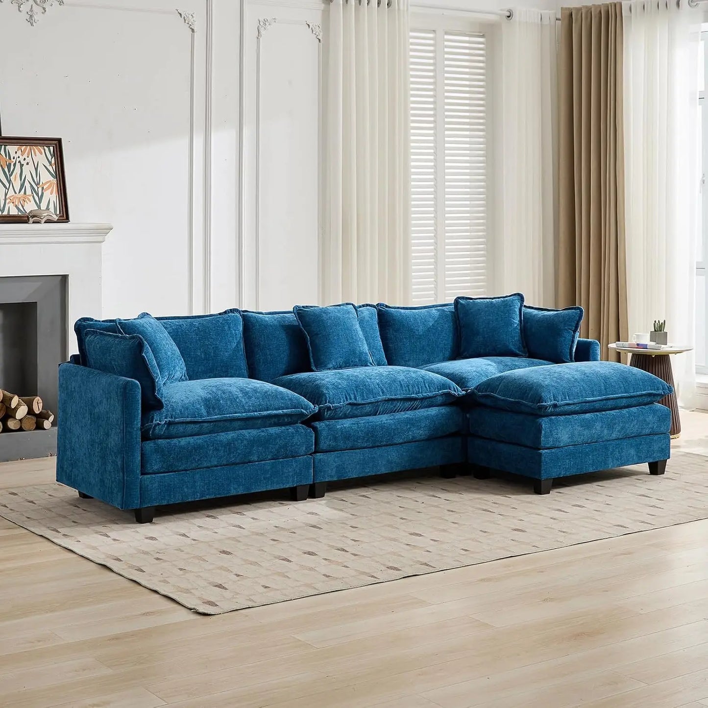 111.5" Blue Modular Sectional Sofa Chenille Deep Seat L-Shape Oversized Living Room Set With Ottoman, Customized