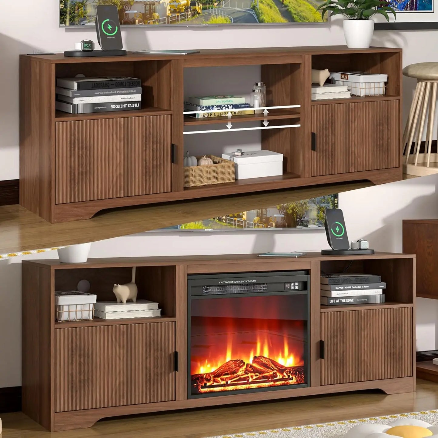 Fluted TV Stand With Electric Fireplace And Adjustable Shelf