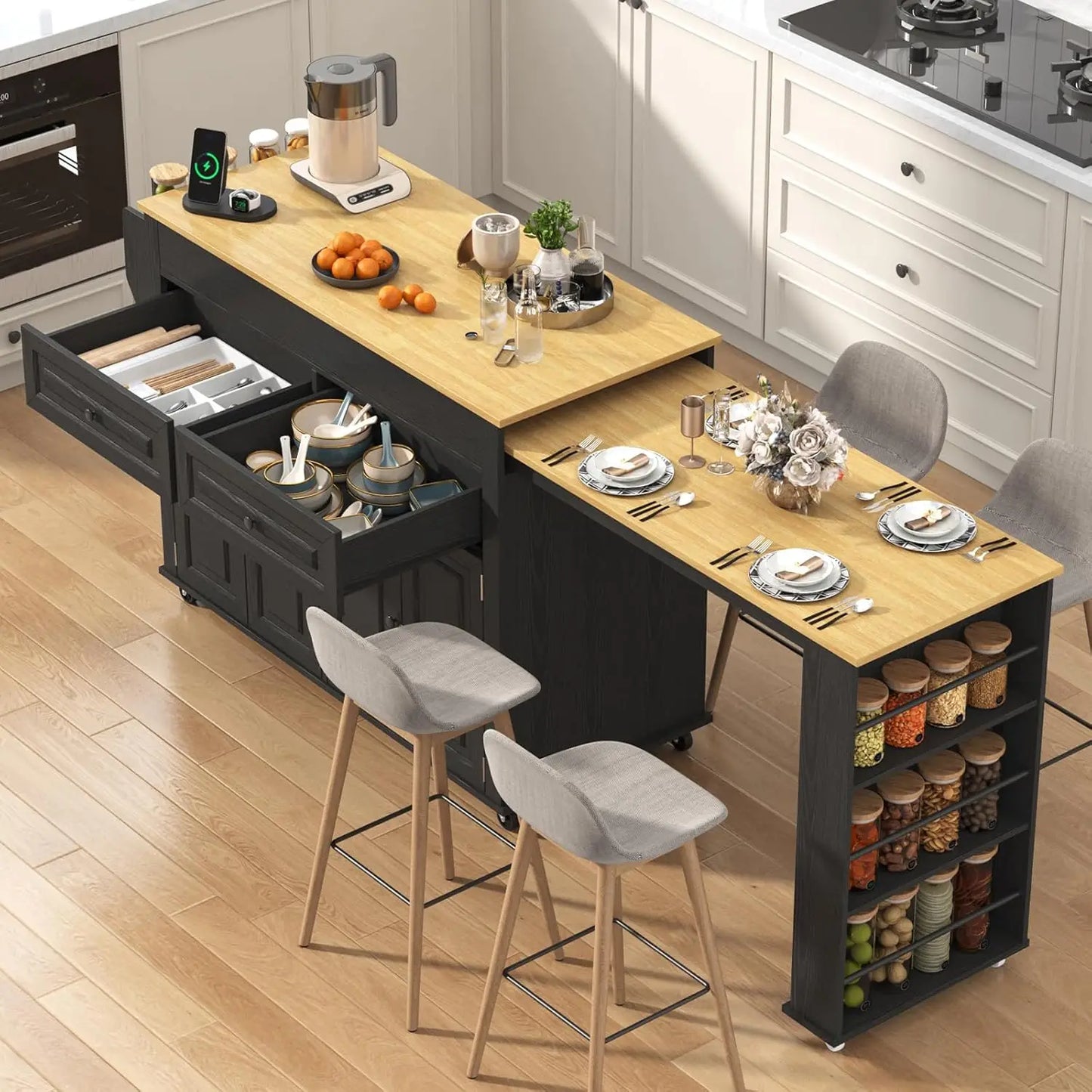 Extendable Kitchen Island With Power Outlet And Storage