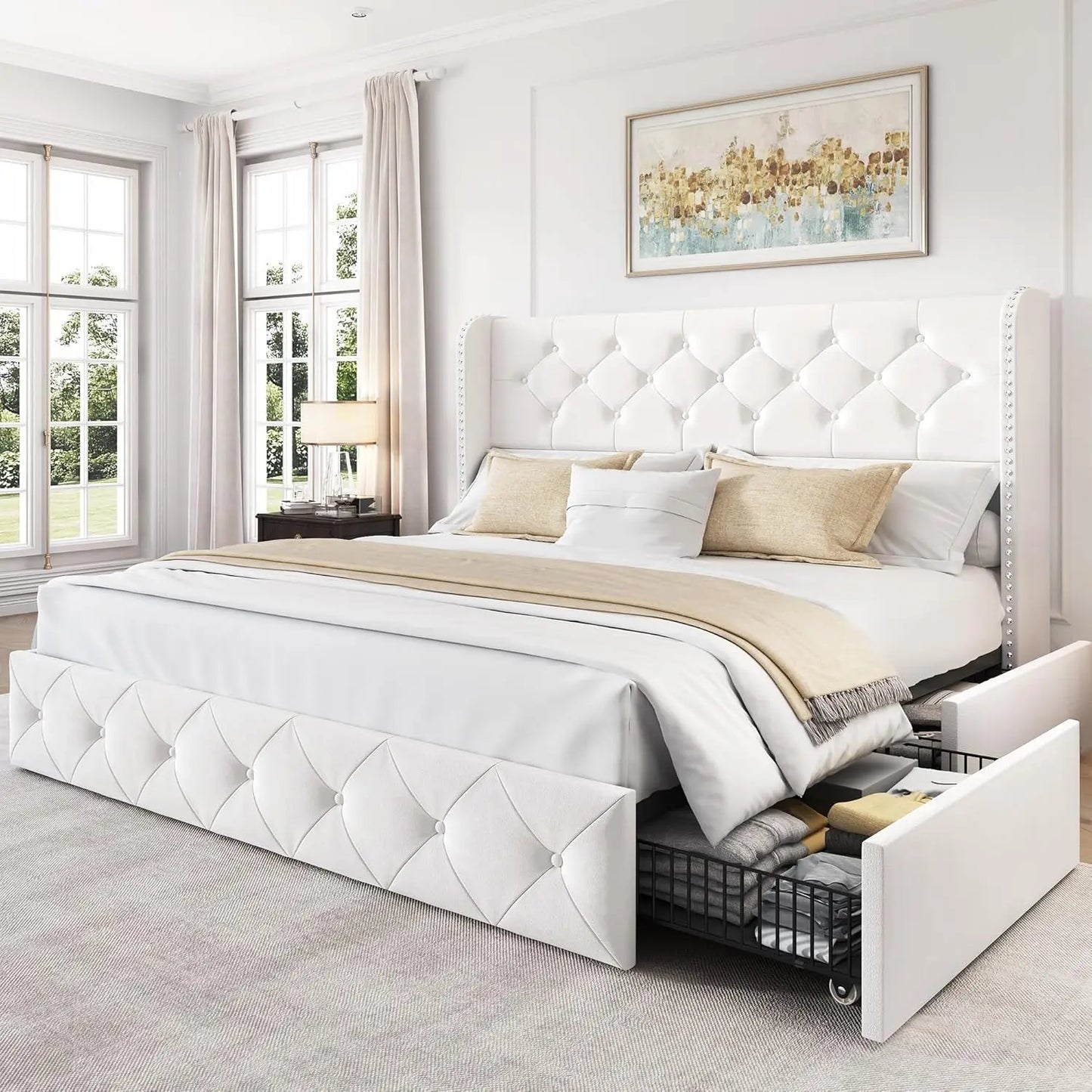 Upholstered Queen Size Bed Frame with 4 Storage Drawers and 47.2" Tall Wingback Headboard Tufted Platform Bed Frame, Customized