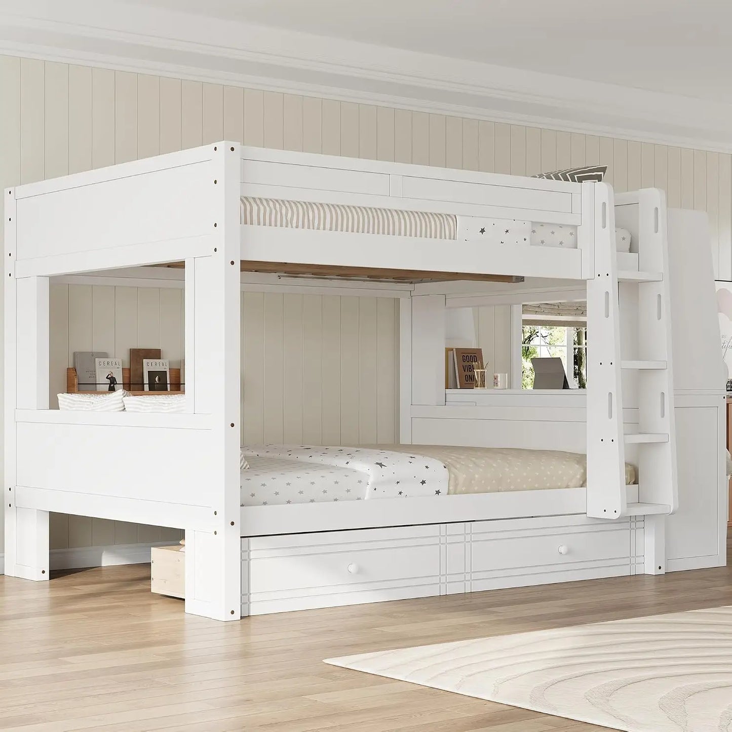Full Over Full Multifunctional Bunk Bed with Desk and Bookshelves, Drawers, Space-Saving Wooden Bunk Bed for Kids &, Customized