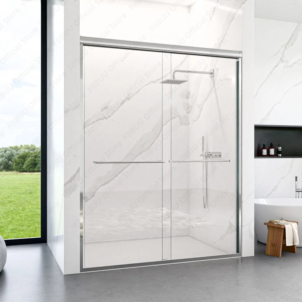 Double Sliding Bypass Sliding Shower Door with Tempered Glass Smooth Rollers Waterproof for Bathroom Semi-Frameless Enclosure