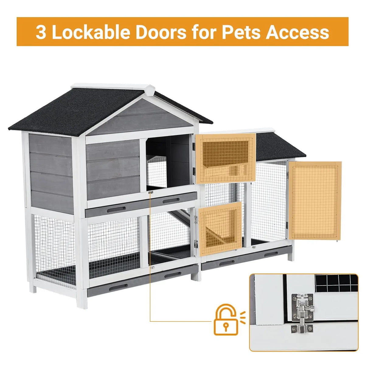 63in Bunny Hutch Indoor, Wooden Rabbit Cage 2-Tier With 3 Removable Trays, Waterproof Roof Bunny House Outdoor Coop The Pet & Home Store
