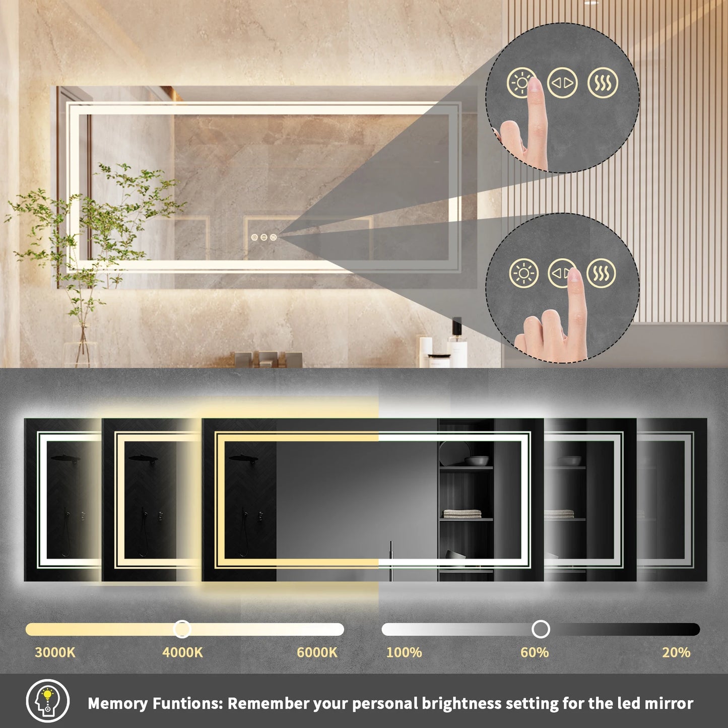 Wisfor LED Backlit Bathroom Mirror With Dimmable Anti-Fog Memory