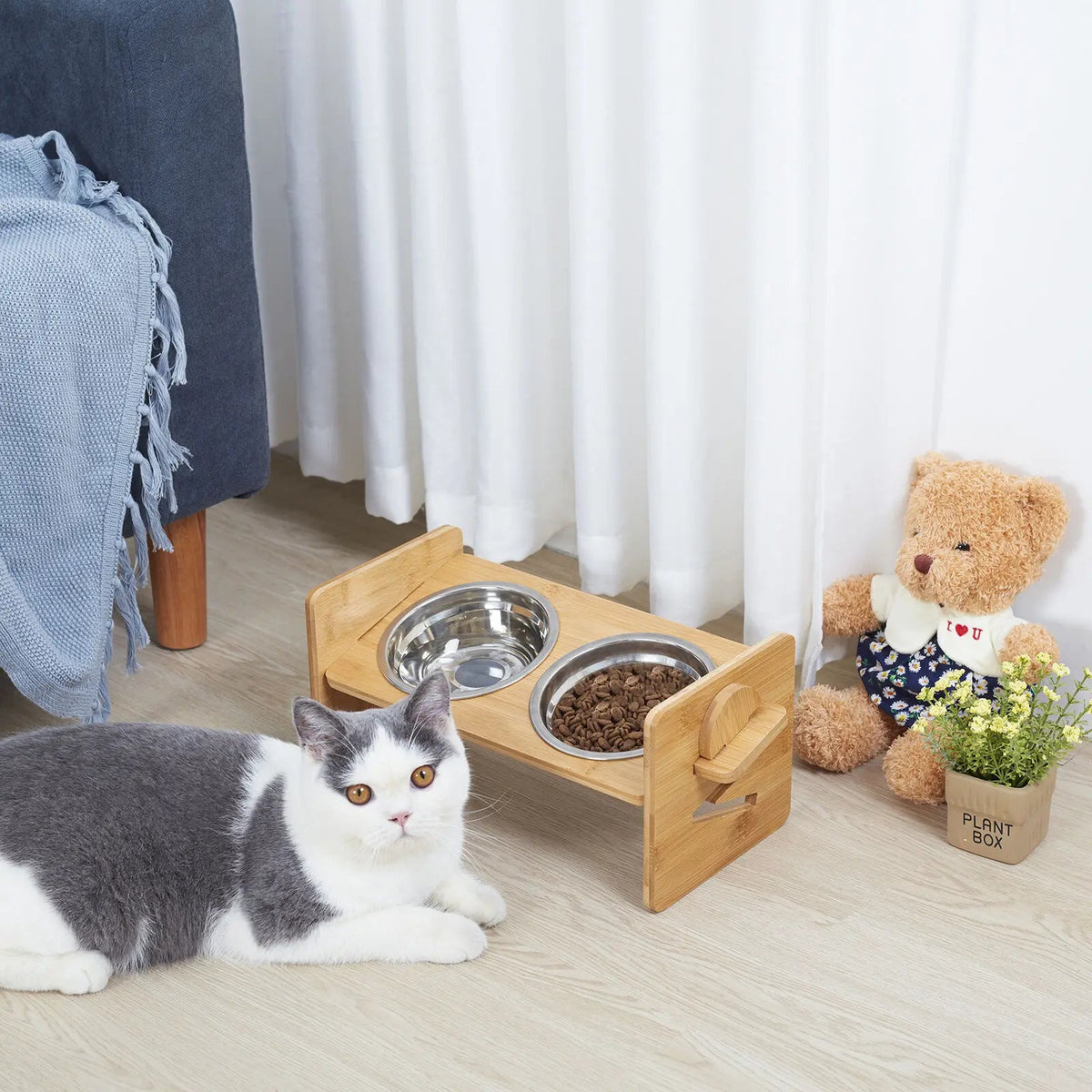 Adjustable Wooden Cat Stand With Dual Stainless Steel Bowls The Pet & Home Store