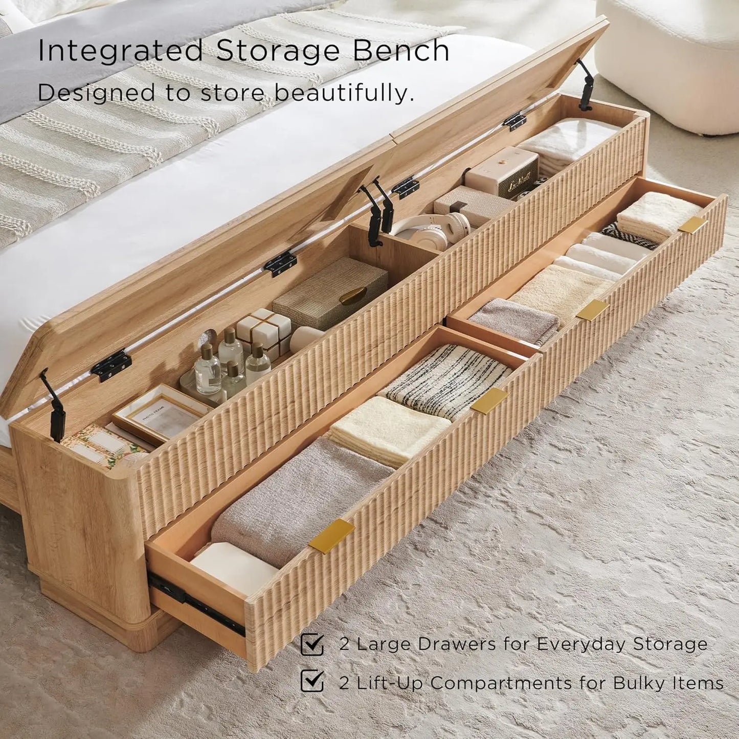 XIAOLANG Fluted King Bed Frame With Wingback Headboard Footboard Storage