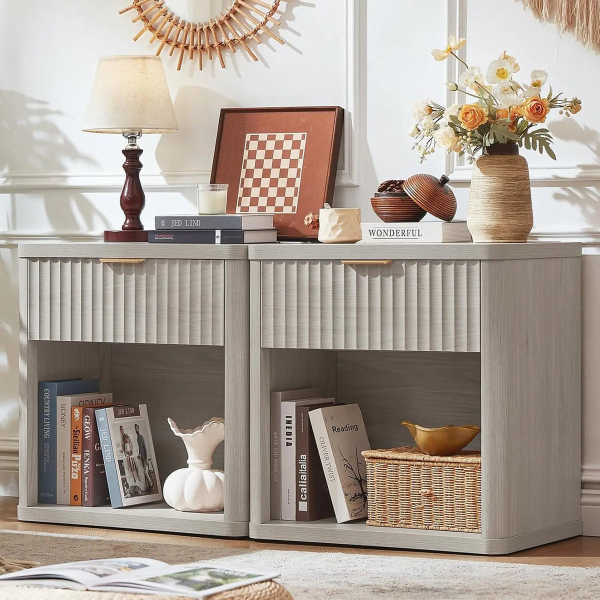 Set of 2 Wide Fluted Farmhouse Nightstands with Charging Station The Pet & Home Store