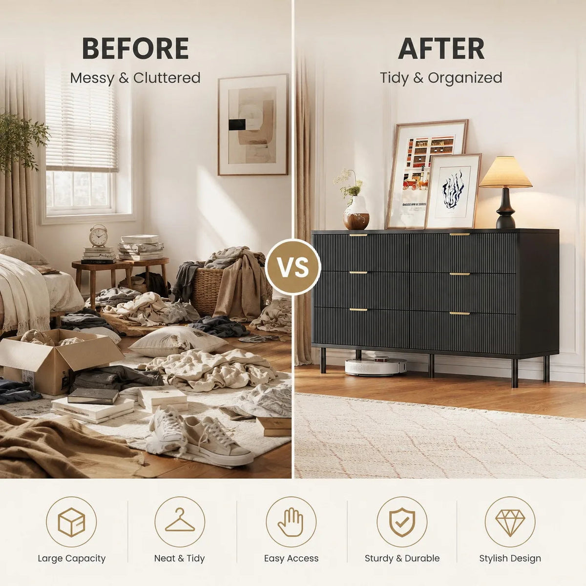 Fluted 6 Drawer Dresser with Metal Legs Wide Storage Cabinet Wood Chest of Drawers Anti Tipping Design Bedroom Living Room Hallway Organizer The Pet & Home Store