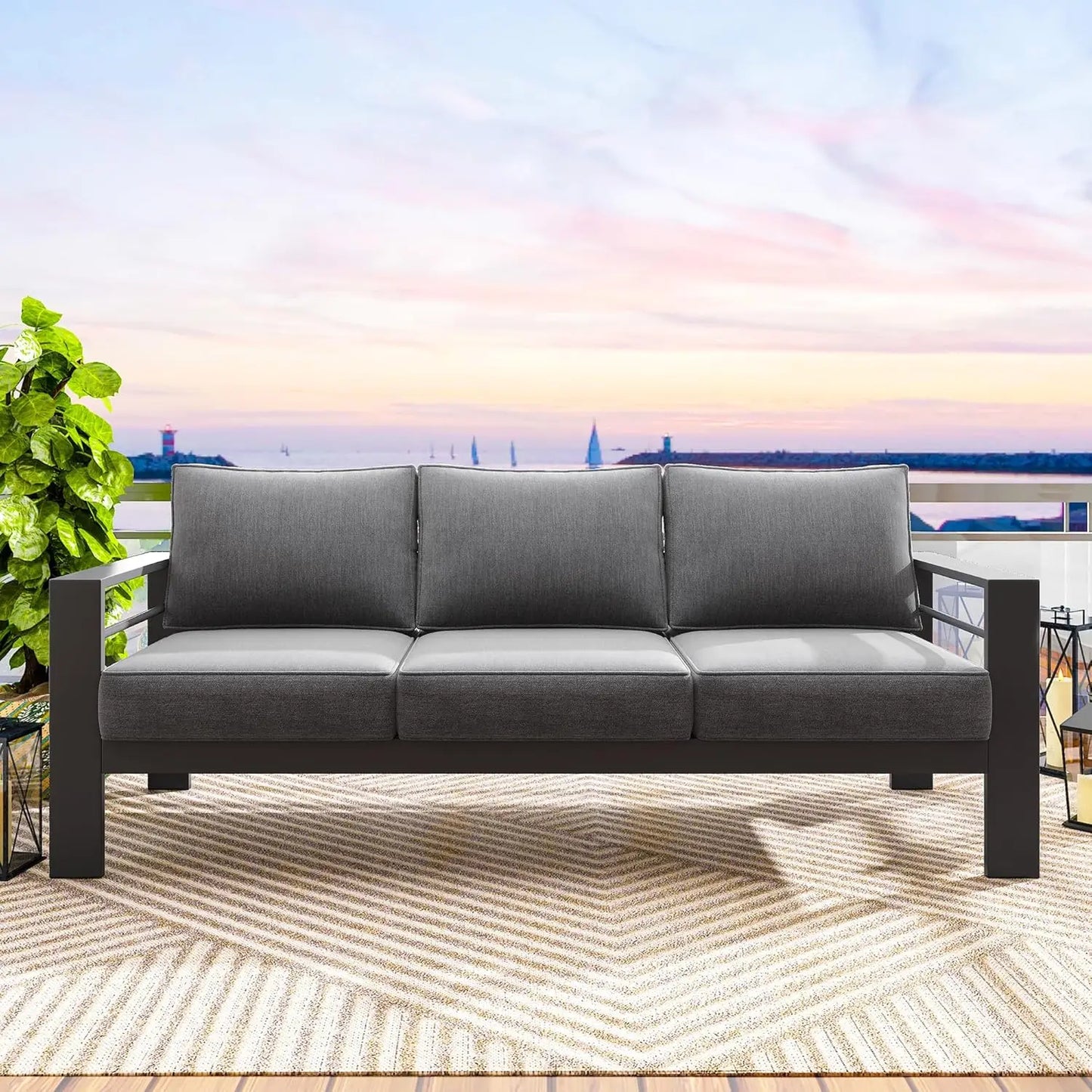 3 Seat Dark Aluminum Patio Sofa, All Weather Outdoor Couch with Cushions, Customized