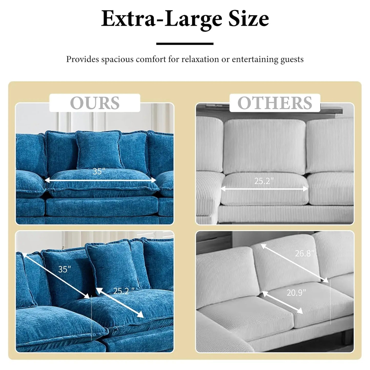 111.5" Blue Modular Sectional Sofa Chenille Deep Seat L-Shape Oversized Living Room Set With Ottoman, Customized