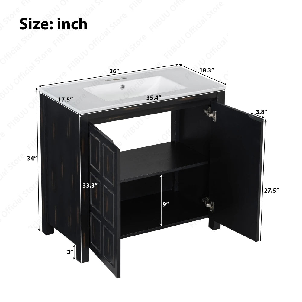 Bathroom Vanity Cabinet 36 Inch Solid Wood Organizer with Ceramic Sink Basin Storage Cabinet Bathroom Vanity Durable Soft-Close