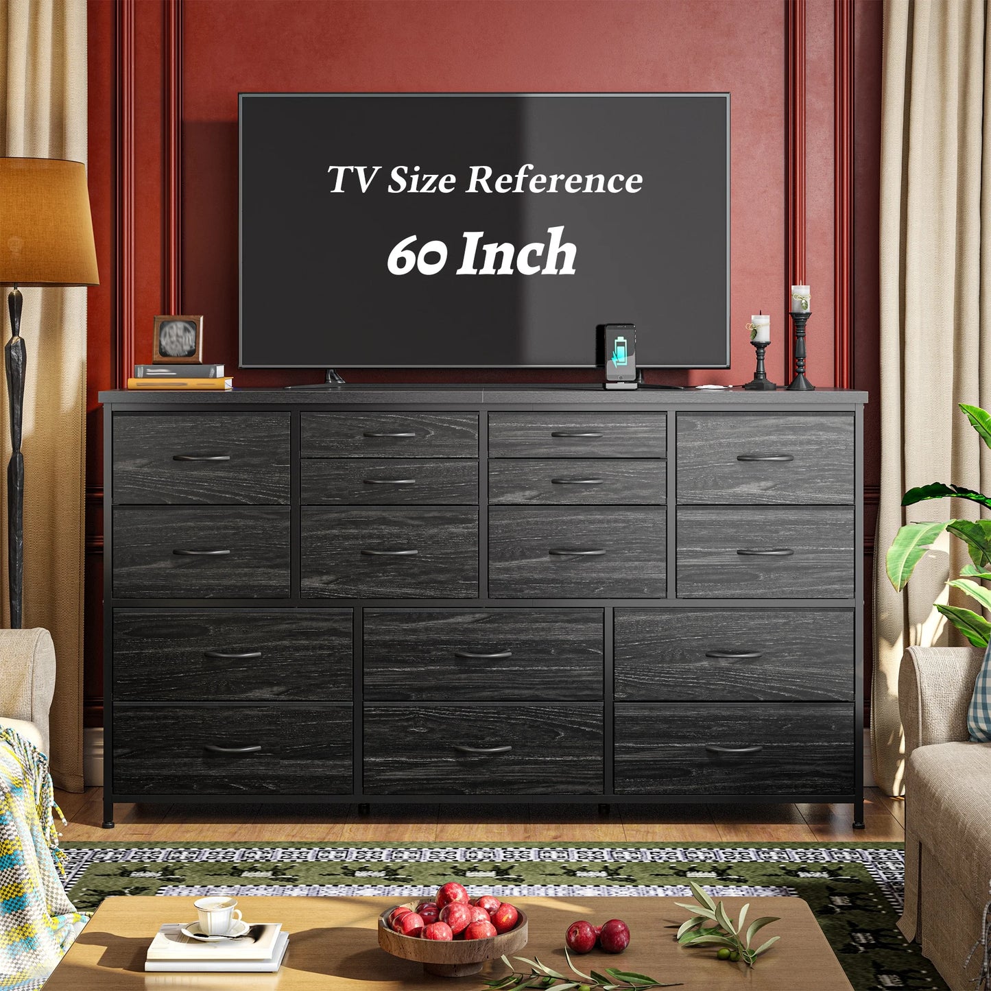 16-Drawer Fabric Dresser with Charging Station - Versatile TV Stand for 60" TVs, Organizer for Bedroom or Living Room