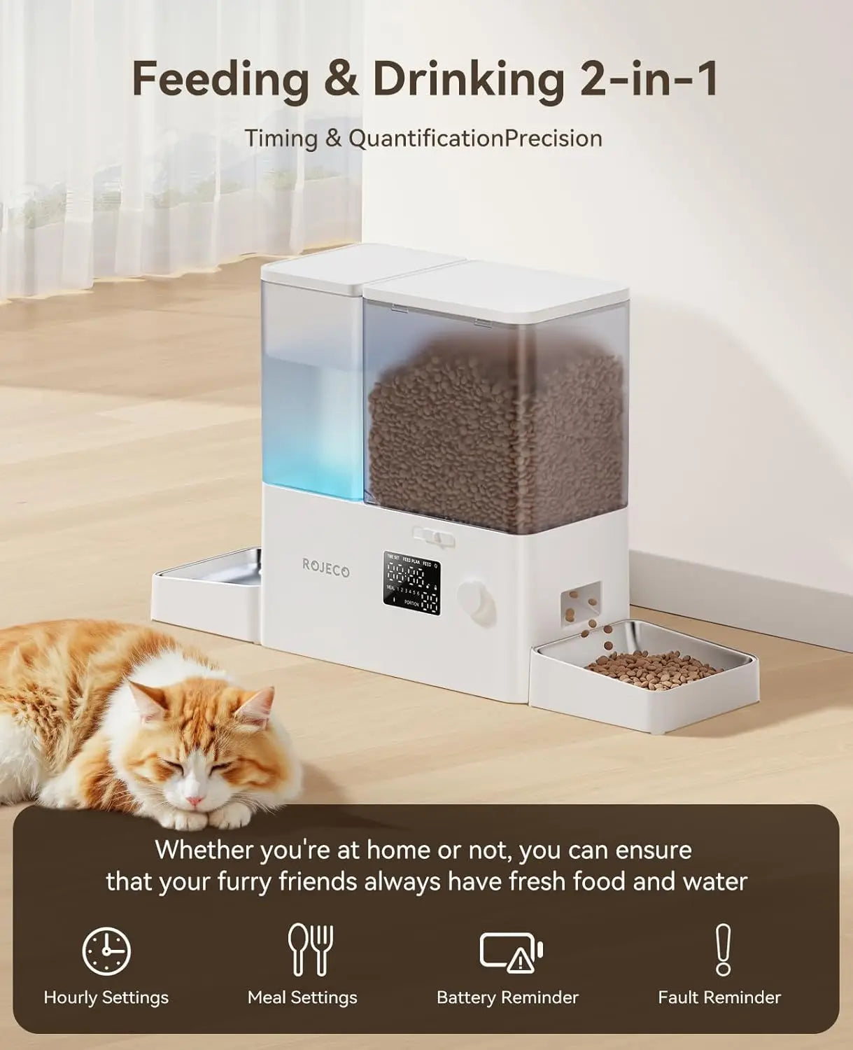 2-in-1 Automatic Cat Feeder and Water Dispenser, 8.5L Large Capacity Stainless Steel Bowls for Cats Small Dogs Puppies