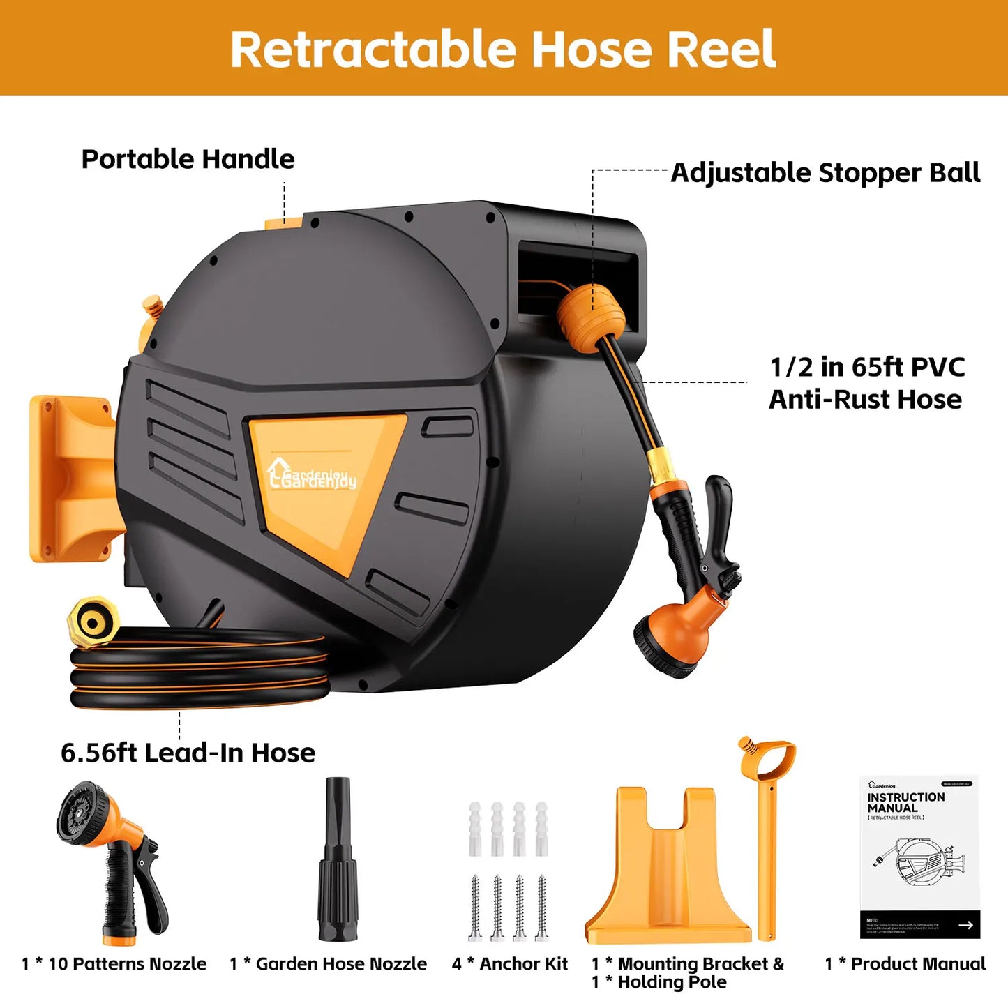 GardenJoy Retractable Wall Mounted Hose Reel With Locking Mechanism