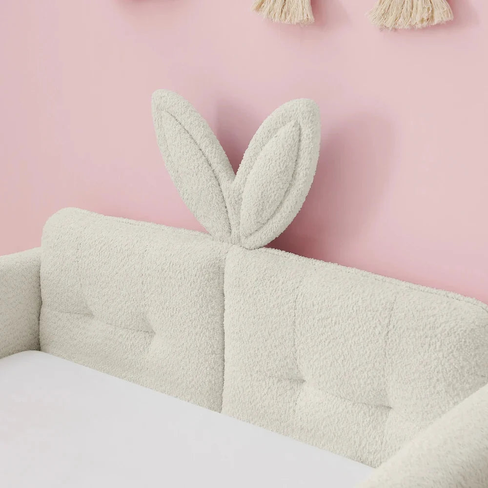 Twin Size Upholstered Platform Bed with Cute Rabbit Ear Shaped Headboard, with Safety Rail and Pocket, Boucle Fabric, Beige The Pet & Home Store