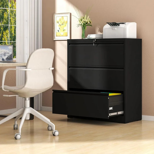 3-drawer lateral file cabinet with lock, black metal heavy duty for home office hanging letter files