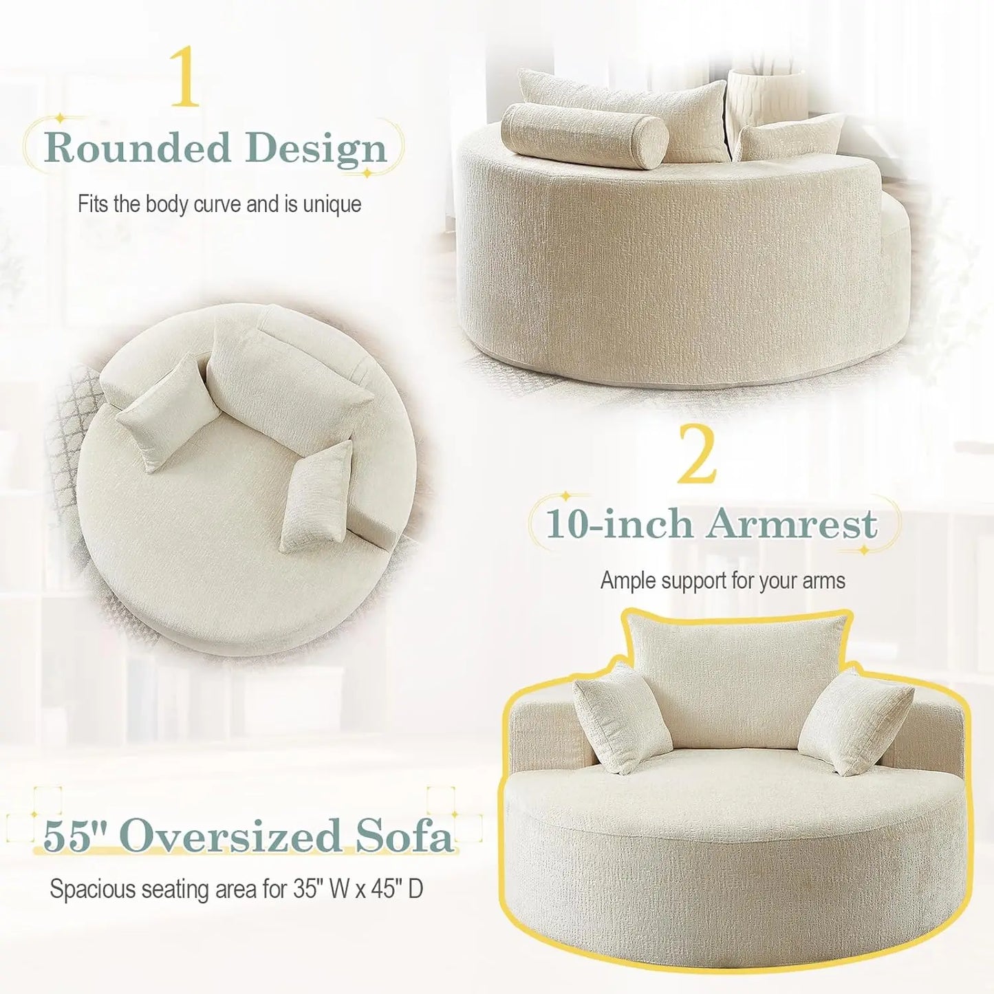 Oversized Round Chaise Longue Chair Indoor, Modern 55-inch Upholstered Chenille Deep Seat Circle Single Cloud, Customized