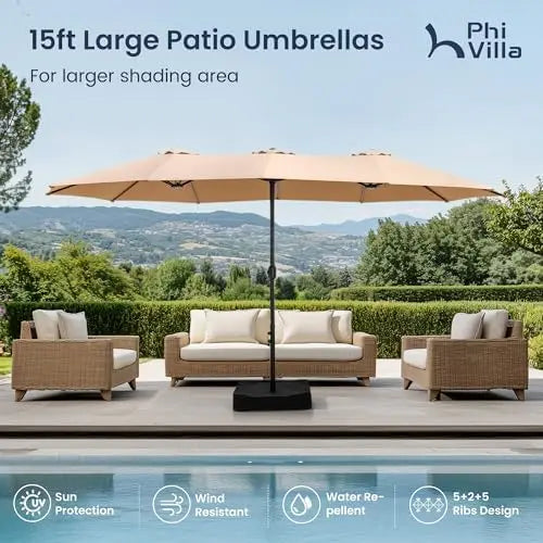 15ft Large Patio Umbrellas with Base Included, Outdoor Double-Sided Rectangle Big Market Umbrella with Stand, Outside