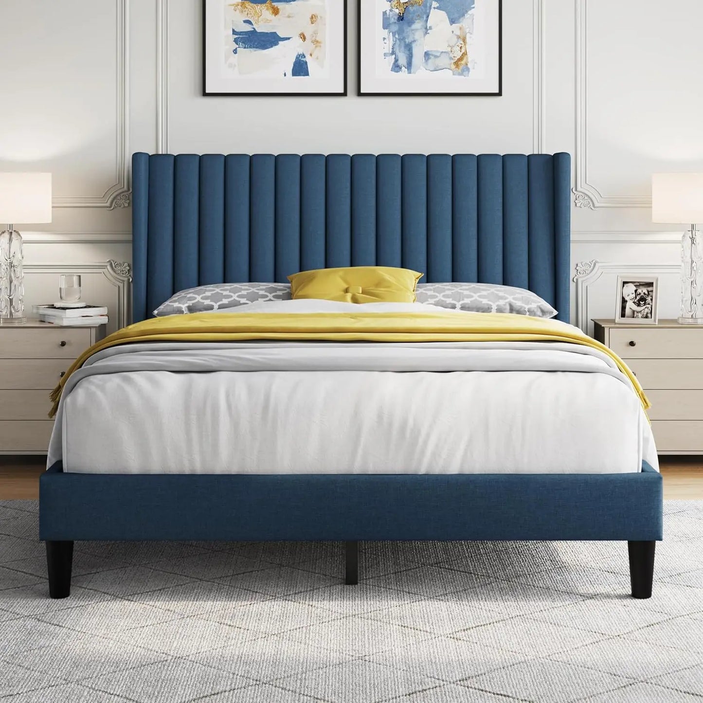 Upholstered Platform Bed Frame With Fabric Headboard Wing Edge NonSlip