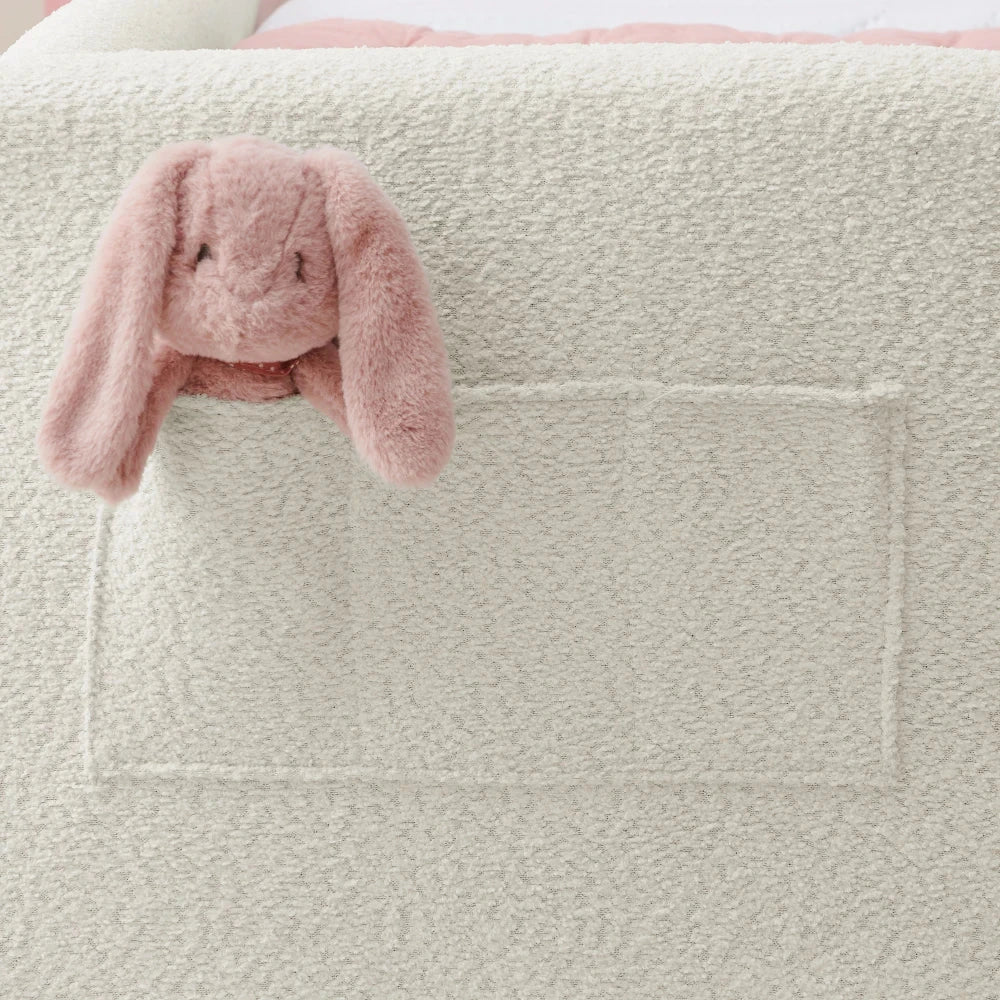 Twin Size Upholstered Platform Bed with Cute Rabbit Ear Shaped Headboard, with Safety Rail and Pocket, Boucle Fabric, Beige The Pet & Home Store
