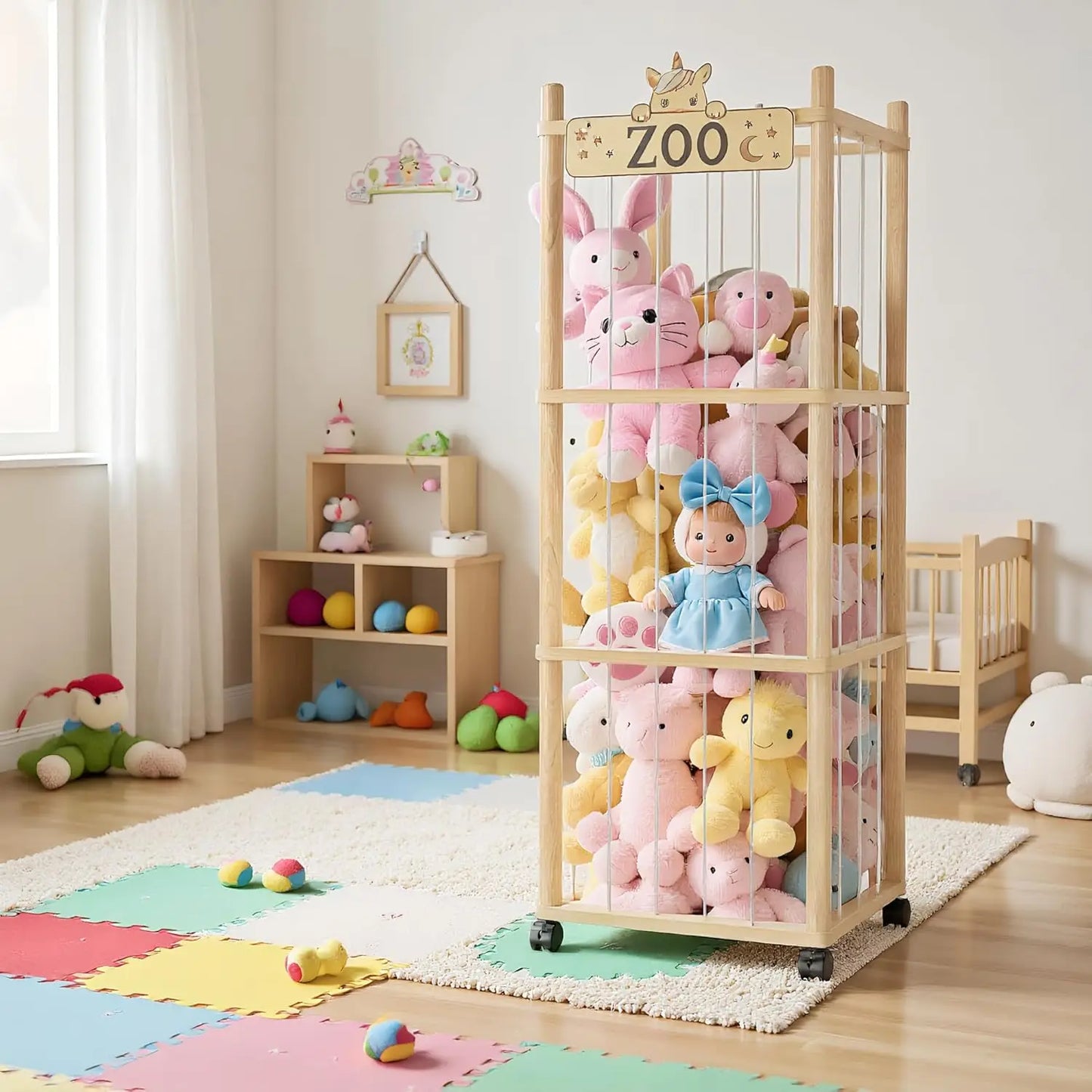 Durable Wooden Stuffed Animal Storage Tower With Wheels