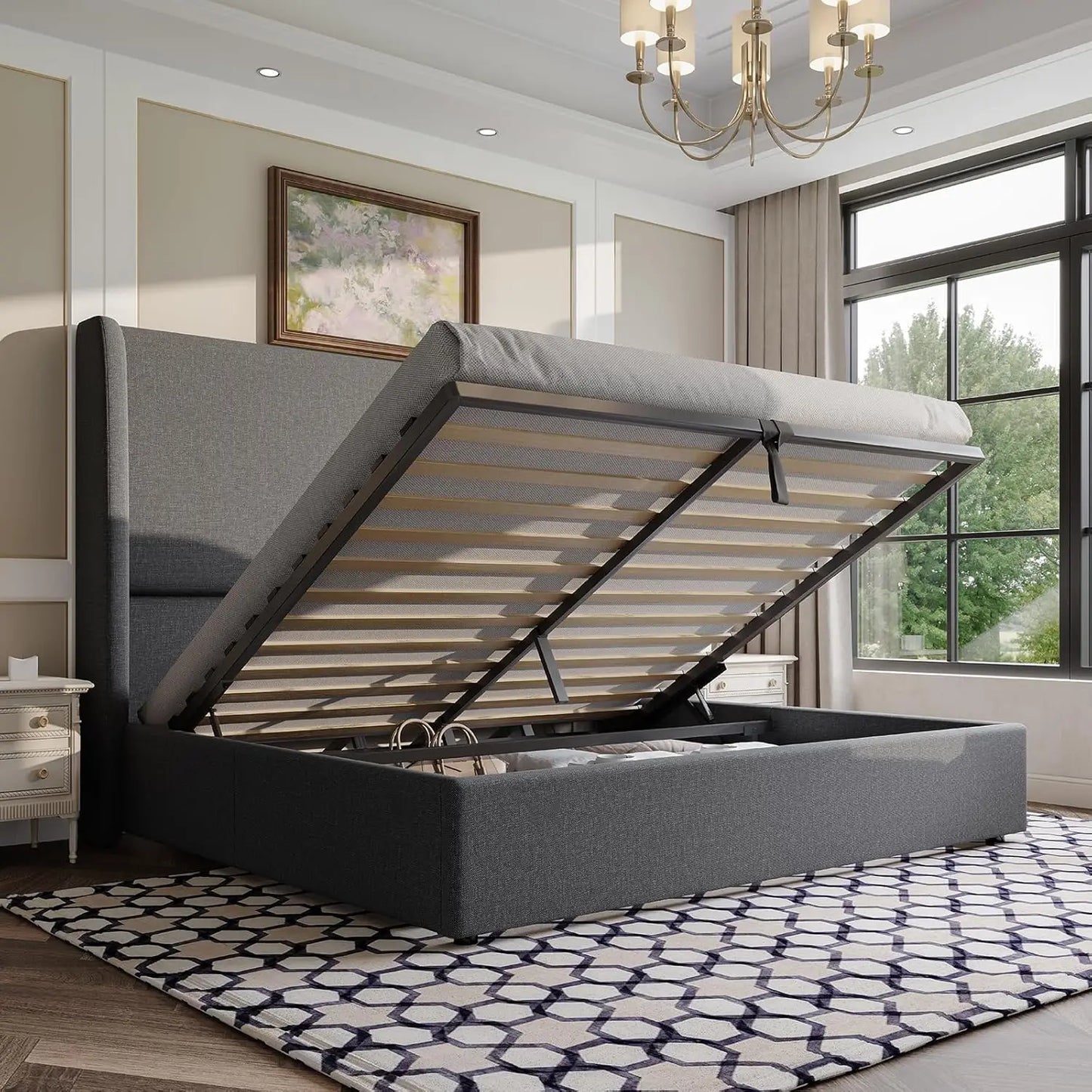 Lift Storage Upholstered Bed Platform Frame With Hydraulic Headboard