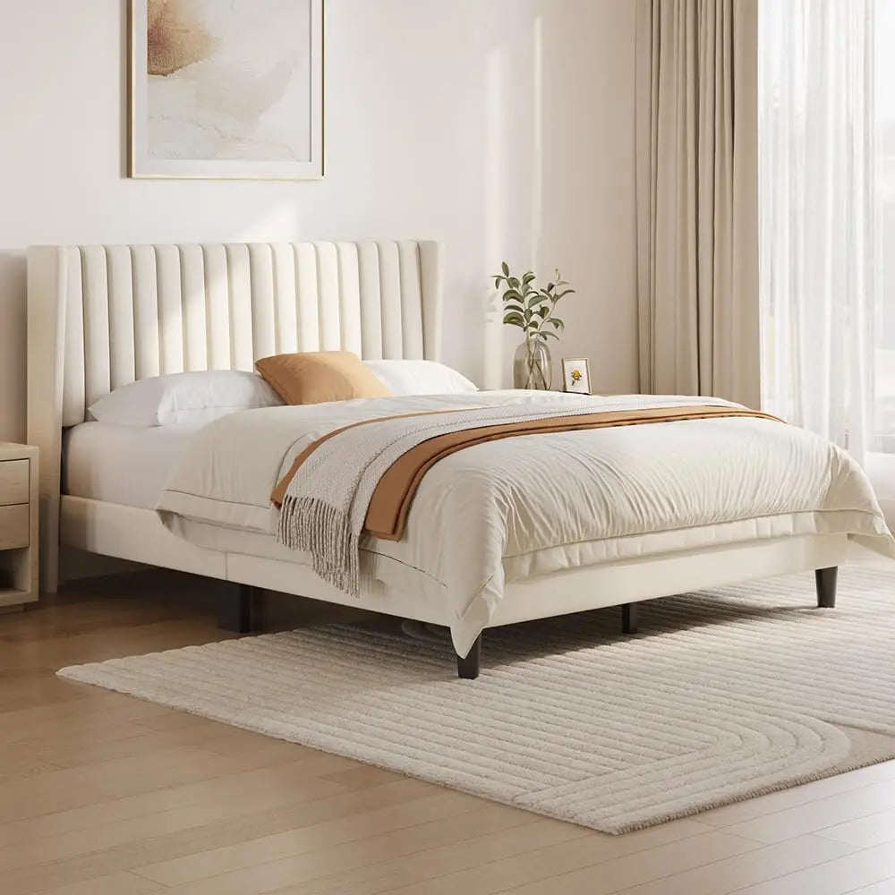 Upholstered Platform Bed Frame With Fabric Headboard Wing Edge NonSlip