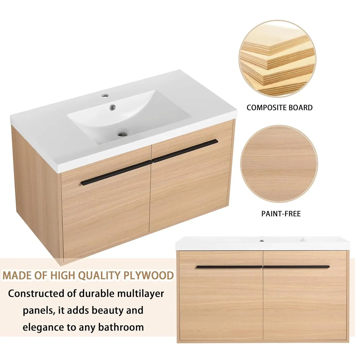 Floating Bathroom Vanity With Sink, Wall Mounted Premium Plywood