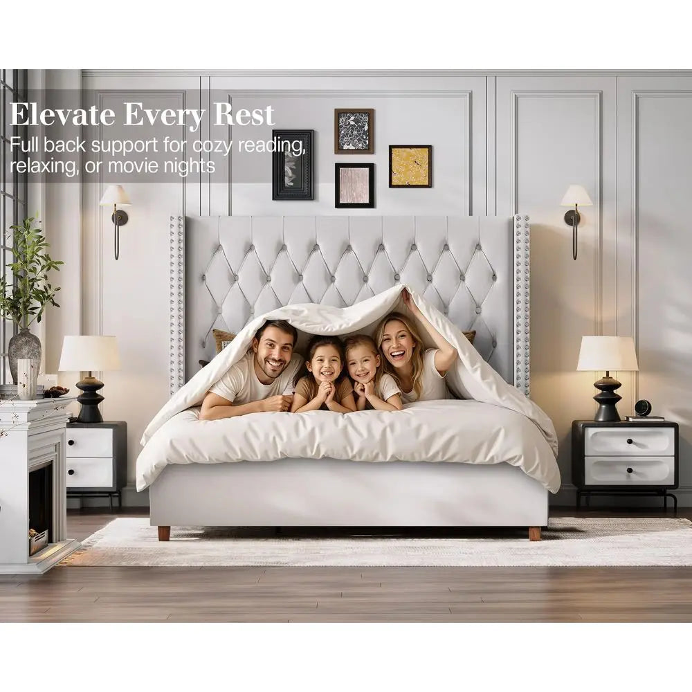 King Size Bed Frame with LED Lights and Charging Station Linen Upholstered Platform Bed Frame with 51.2 Tall Wingback Headboard