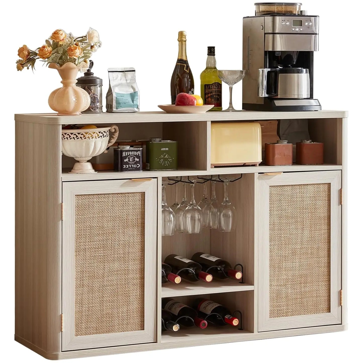 Rattan Wine Cabinet With 2 Doors,Boho Liquor Cabinet,Wine Racks,Farmhouse Coffee Bar Station For Living Room,Custom