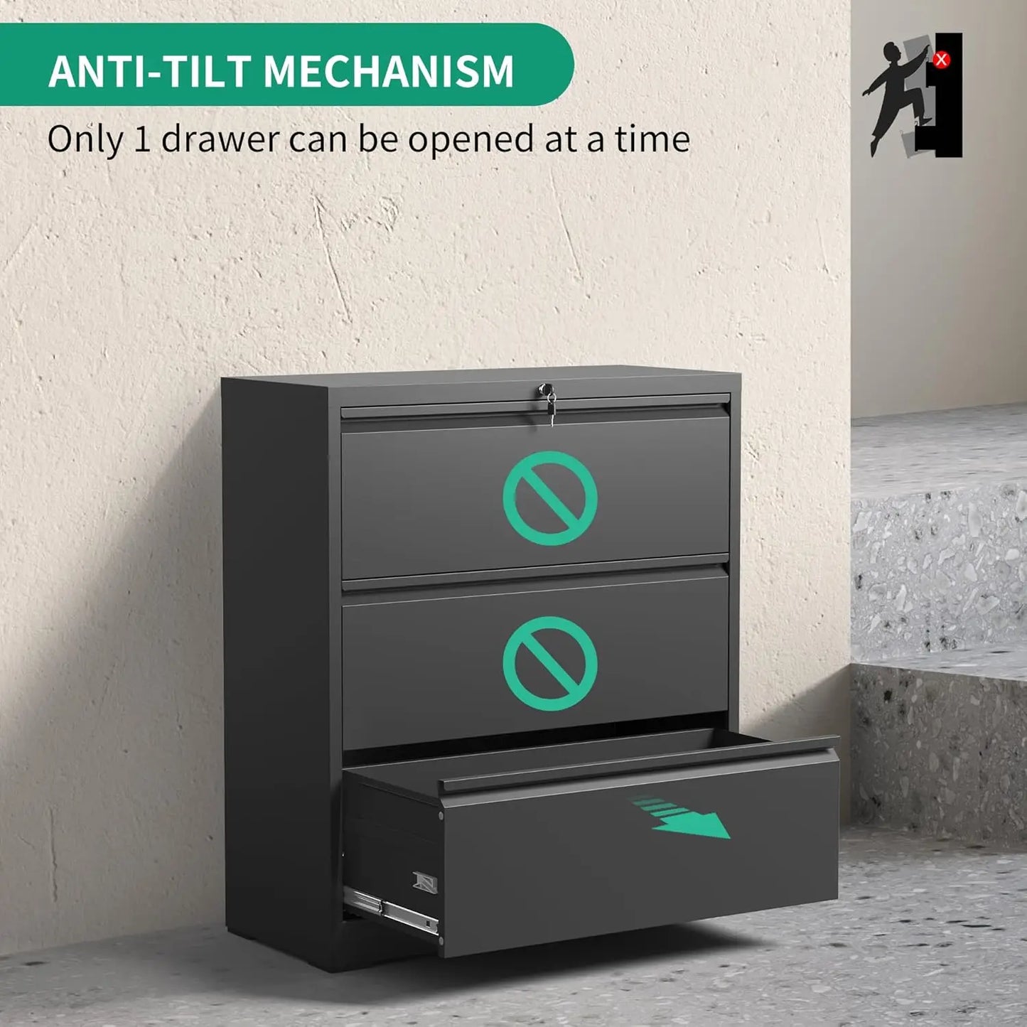 3 Drawer Lateral File Cabinet With Lock Metal Office Storage