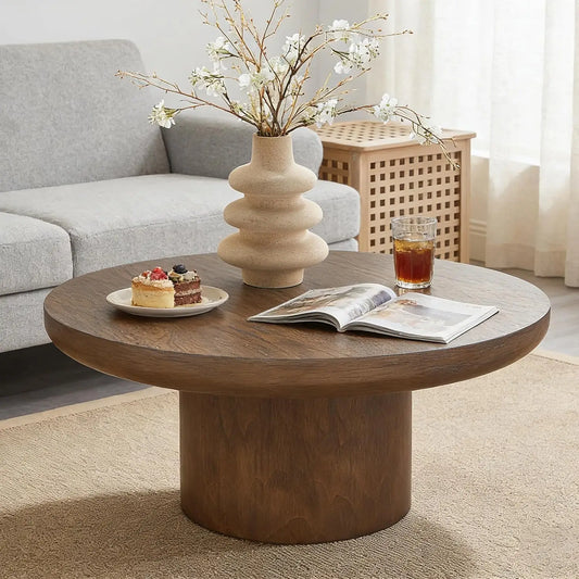 Wood Pedestal Coffee Table For Living Room Minimalist Modern Circle