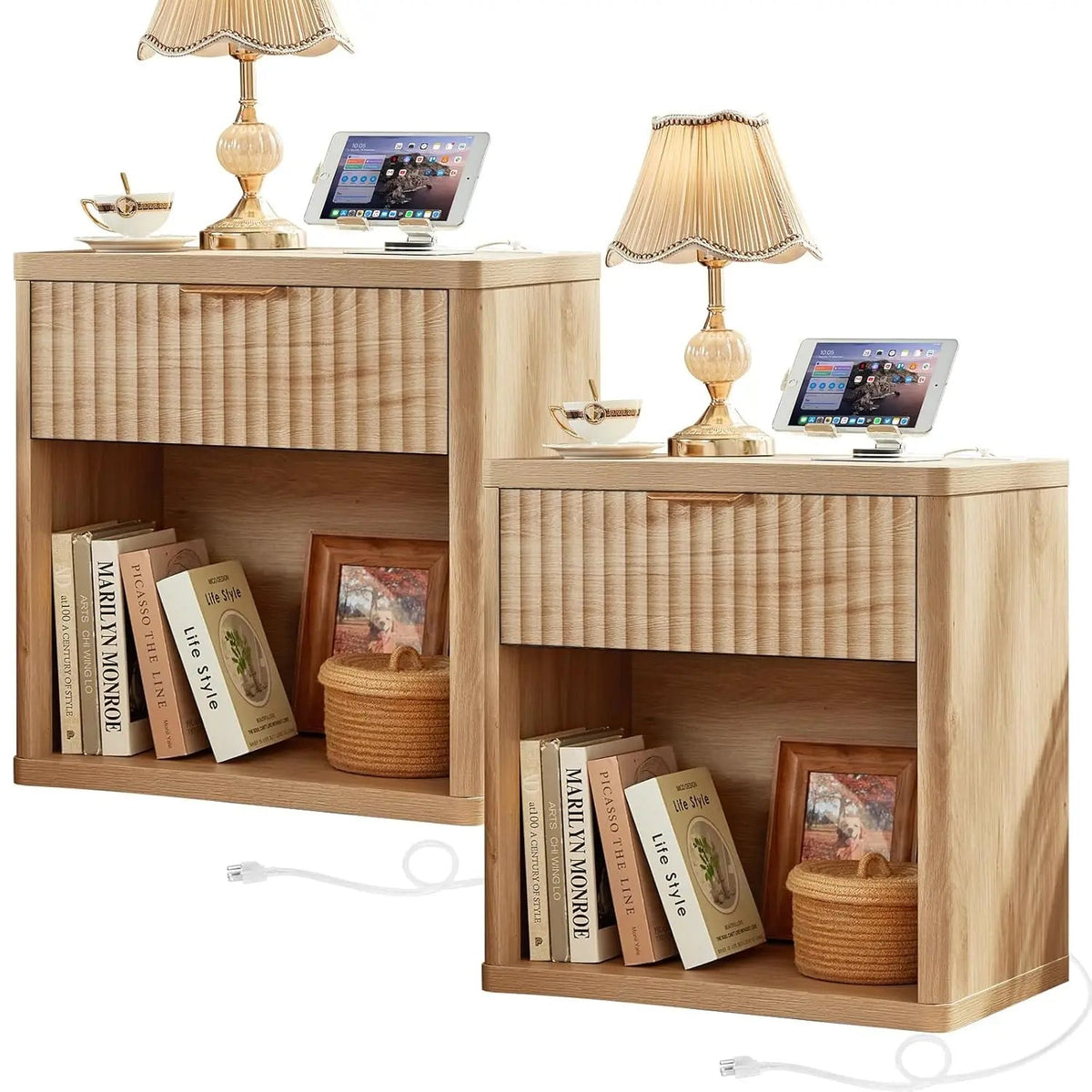 Set of 2 Wide Fluted Farmhouse Nightstands with Charging Station The Pet & Home Store