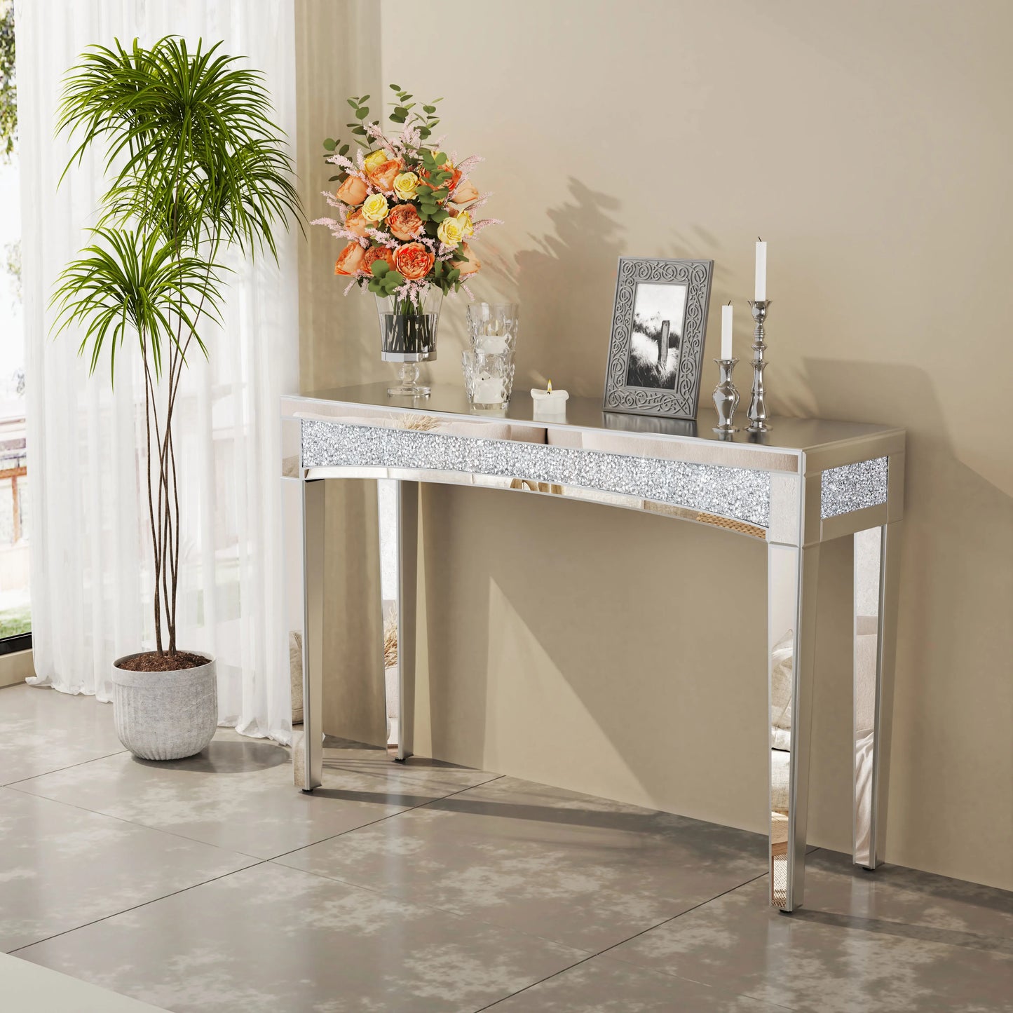 Mirrored Desk Console Table With Crystal Inlay For Living Room