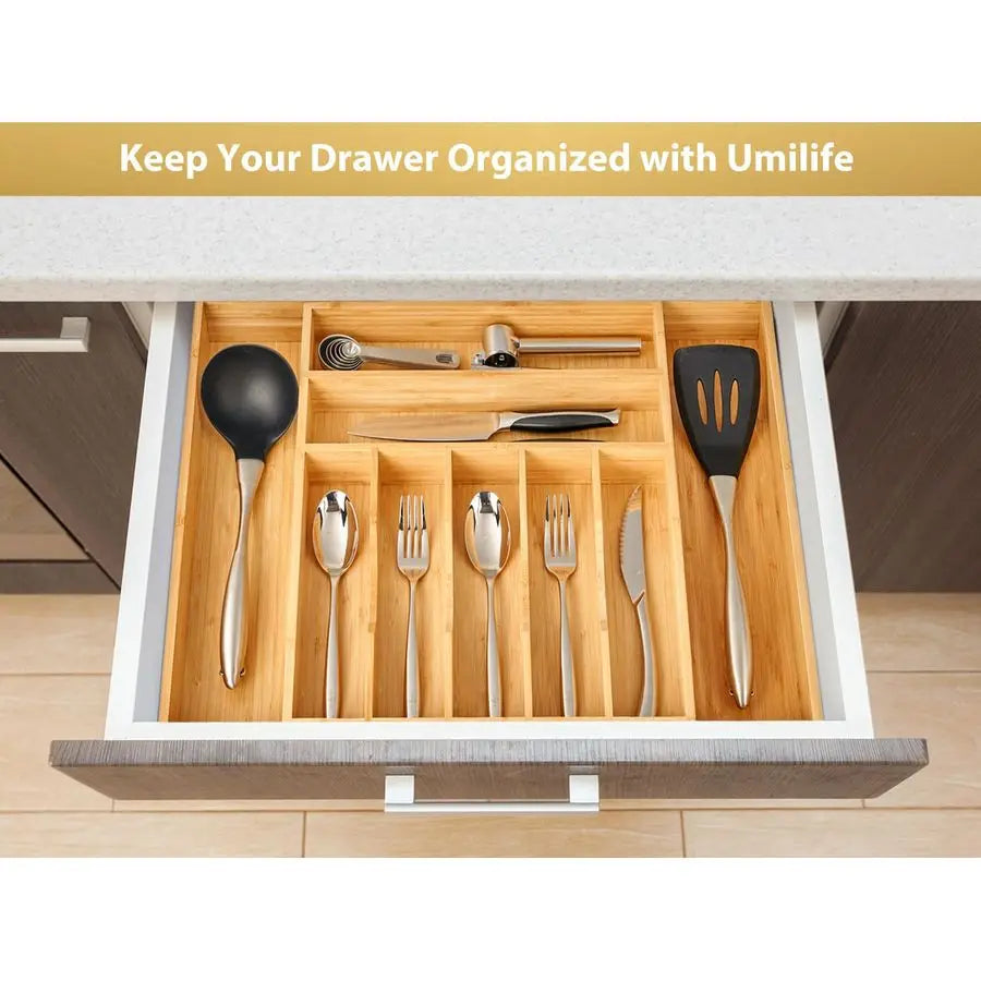Bamboo Expandable Kitchen Silverware Drawer Organizer With Grooves