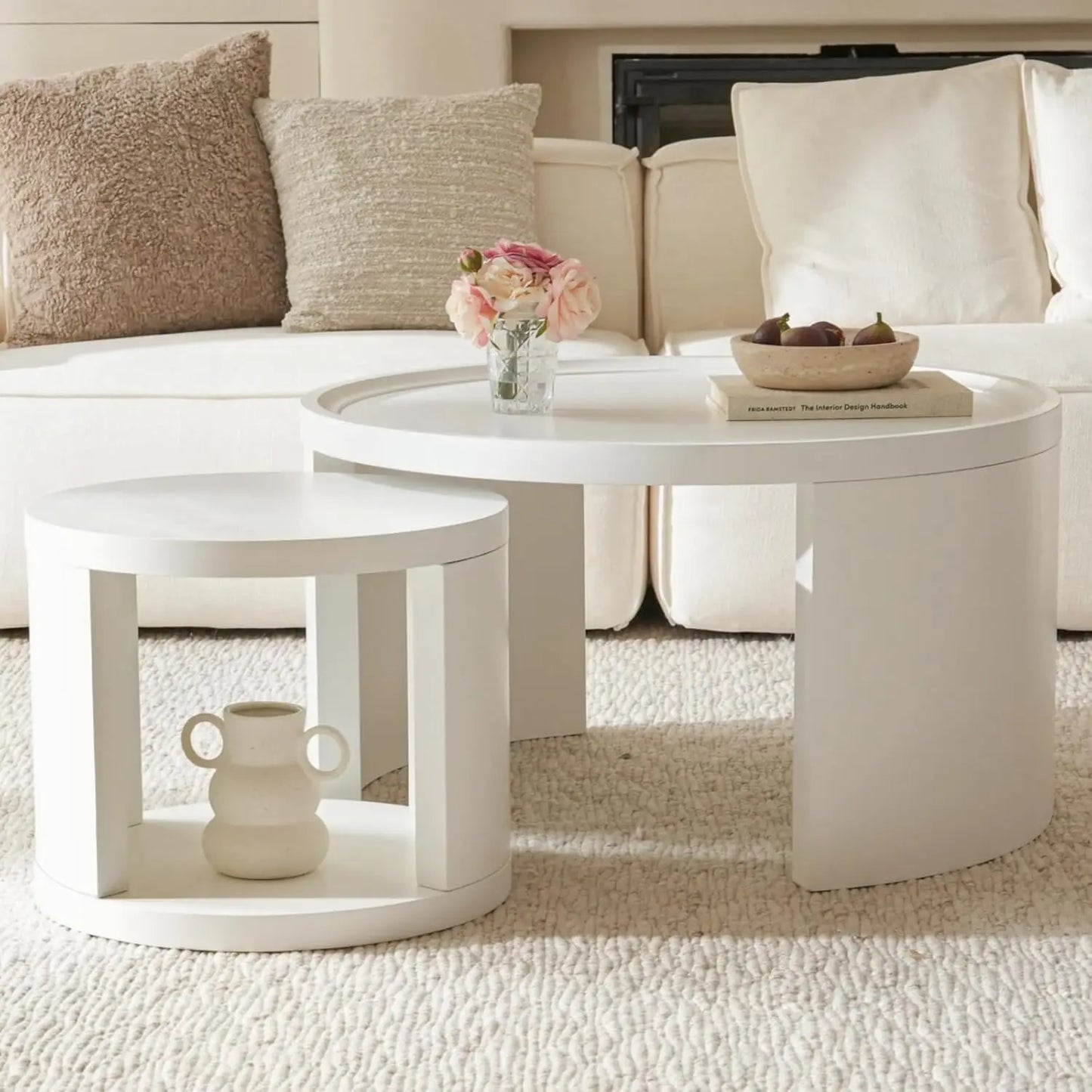 Round Nesting Coffee Table Set of 2 with Wood Tops