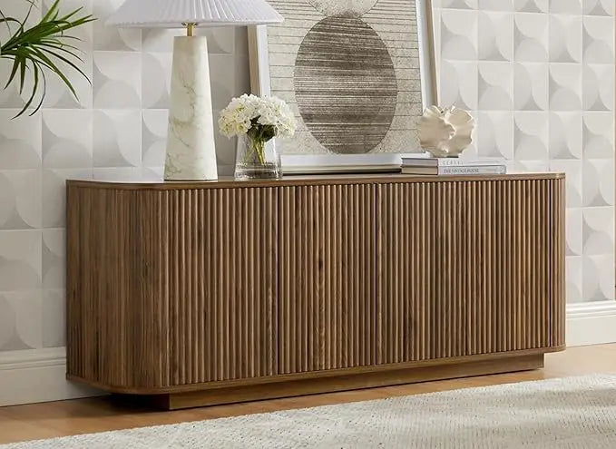Fluted Wooden Sideboard Buffet Cabinet With Adjustable Shelves