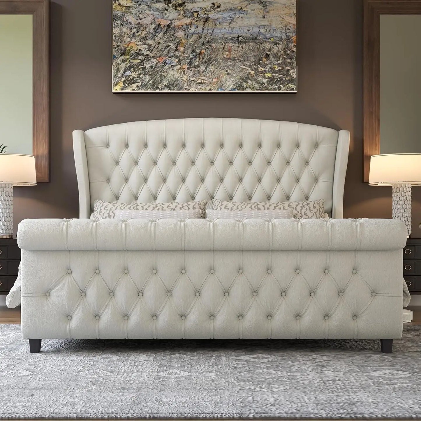 California King Size Platform Bed Frame, Velvet Upholstered Sleigh Bed with Scroll Wingback Headboard & Footboard/Button Tufted/