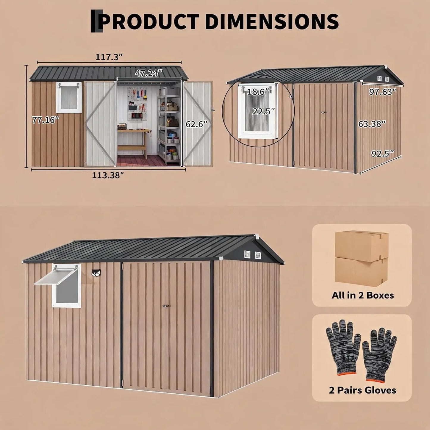10x8FT Metal Outdoor Storage Shed Pushable Window Solar LED Pegboard Sloping Roof Lockable Doors Backyard Tool Shed, Custom