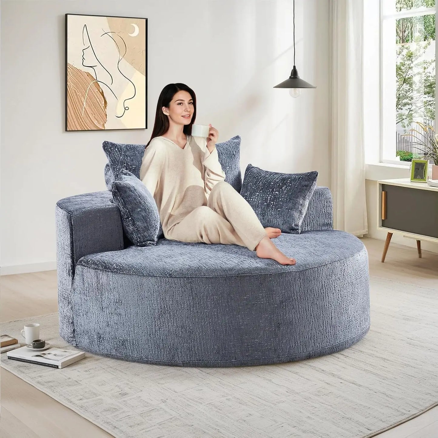 Oversized Round Chaise Longue Chair Indoor, Modern 55-inch Upholstered Chenille Deep Seat Circle Single Cloud, Customized
