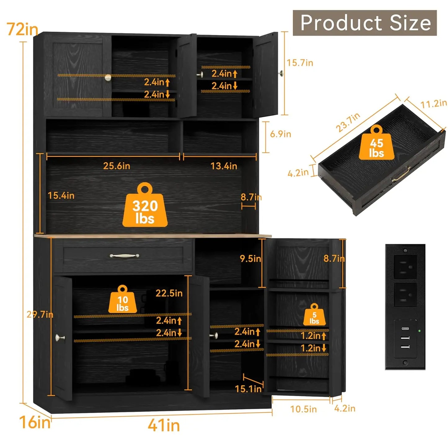Guangbai Kitchen Pantry Cabinet With LED Light And Charging Station