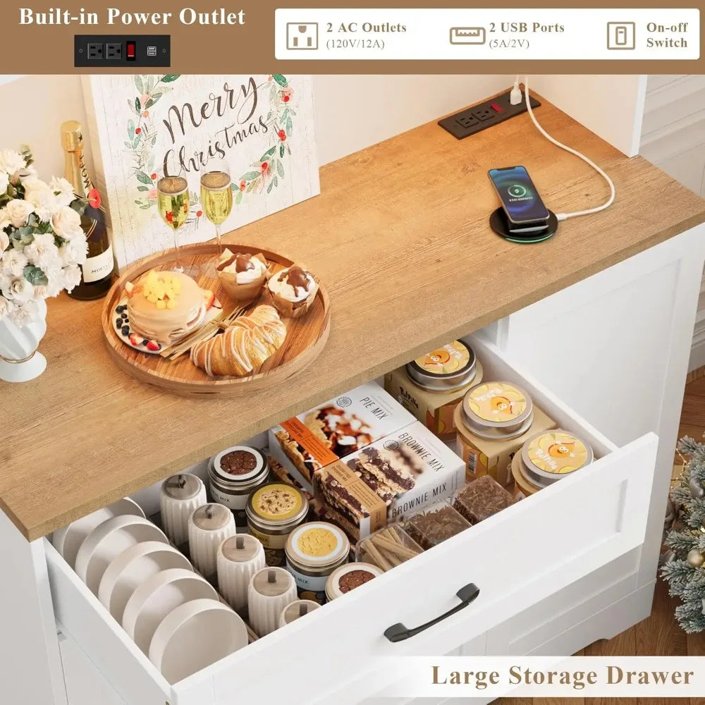 71" LED Pantry Cabinet with Power Outlet, Tall Kitchen Hutch Storage Cabinet with Microwave Stand & 6 Door Shelves,, Customized