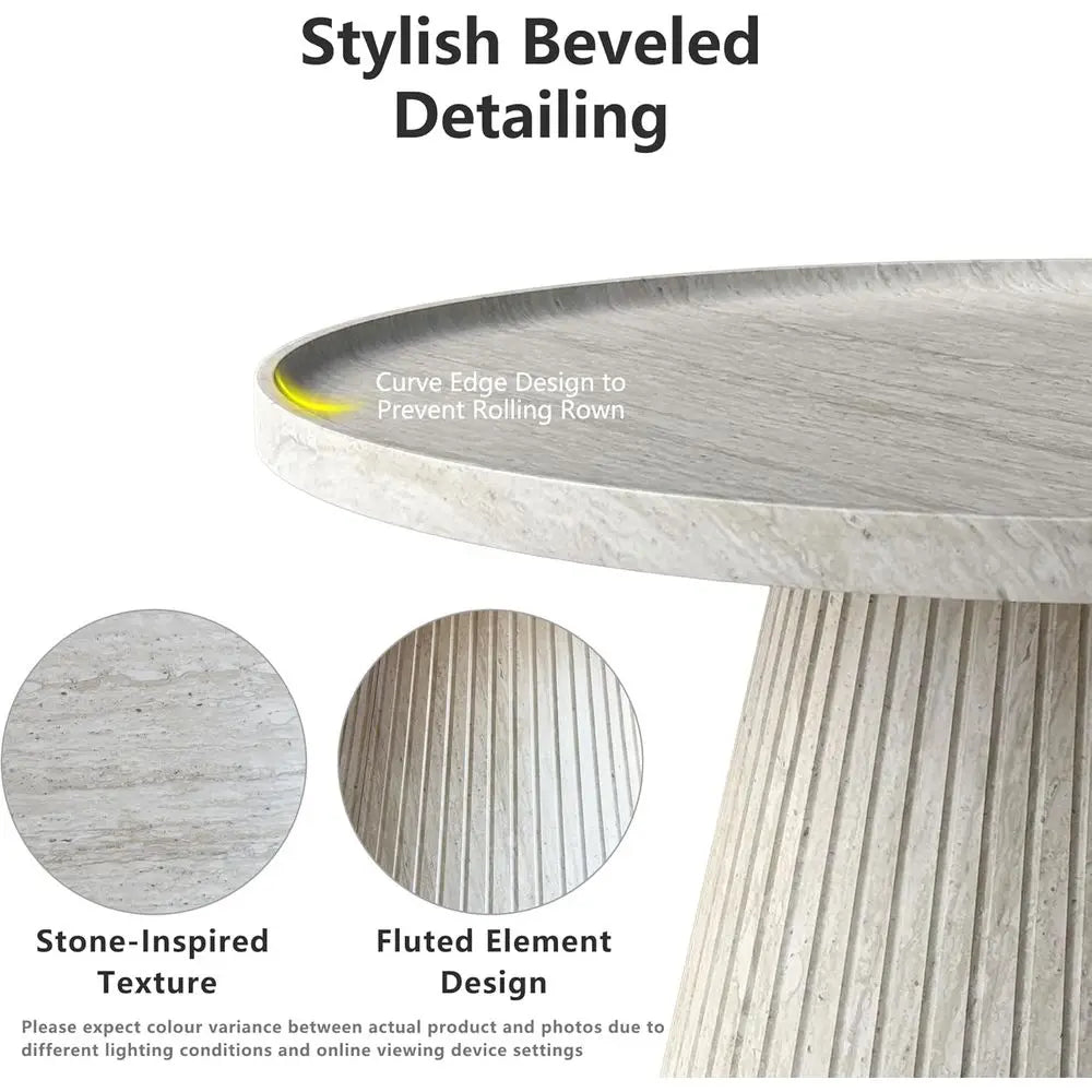 Nesting Coee Table Set o 2, ern luted Coee Table with aux Stone Veneer, Travertine Round Tea Table