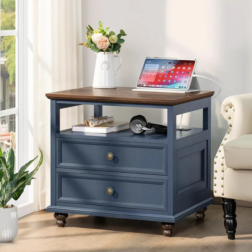 Farmhouse Wood Nightstand With Charging Station And Two Drawers