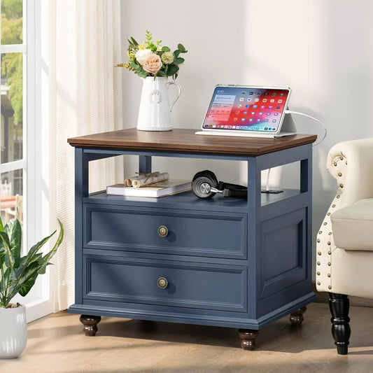 Farmhouse Wood Nightstand With Charging Station And Two Drawers